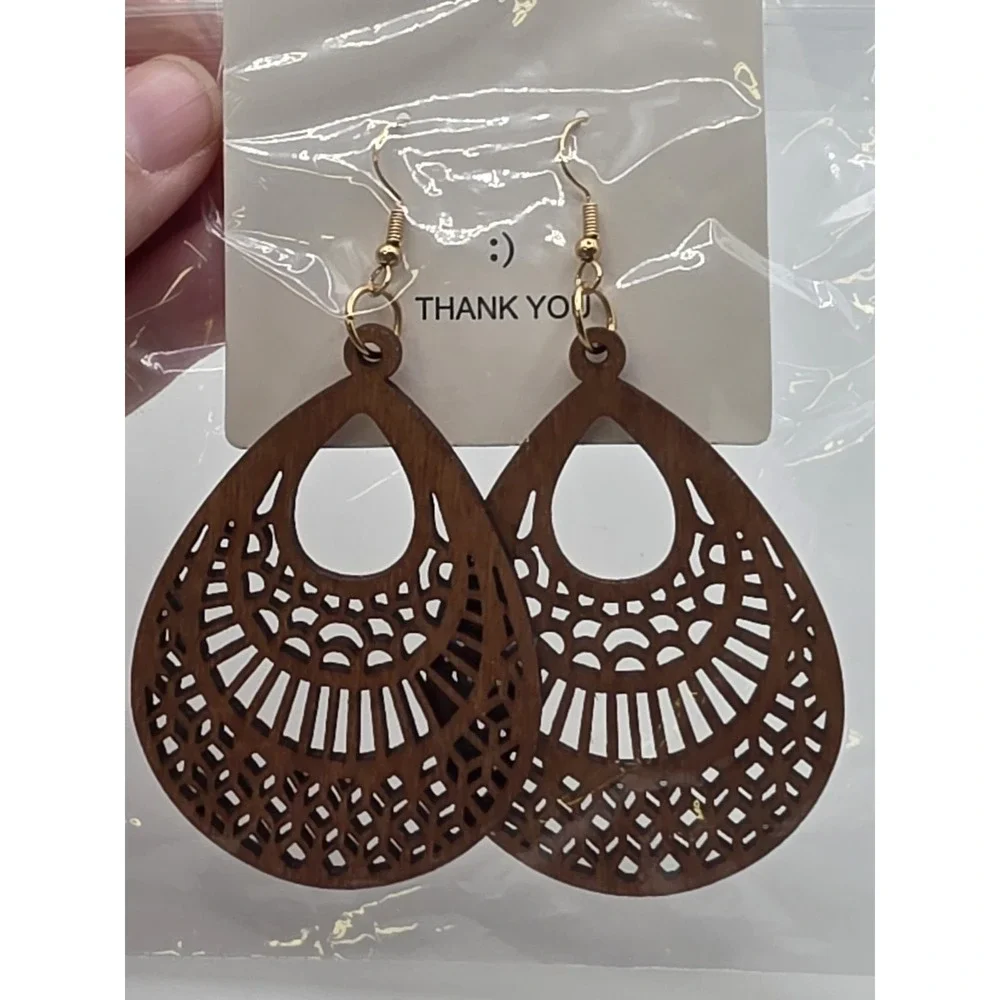 Wood Cutout Large Lightweight Drop Earrings Fashion Jewelry